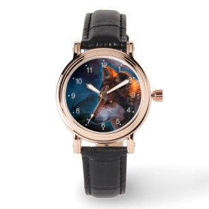 Wolf en de maan om middernacht horloge