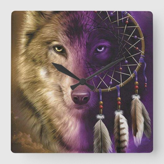 Wolf en Dream Catcher Vierkante Klok (Voorkant)