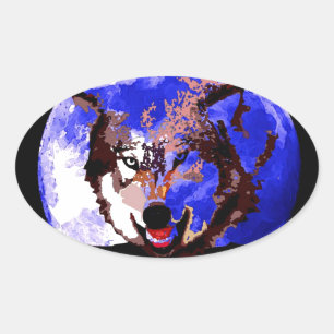 Wolf en Full Moon Ovale Sticker