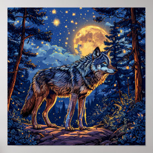Wolf En Maan Bos Nachtelijke Hemel Mystieke Natuur Poster