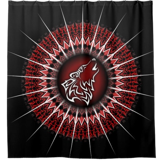 Wolf en Mandala Red White Black Modern Douchegordijn (Voorkant)