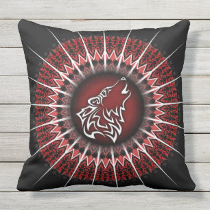 Wolf en Mandala Rood Wit Zwart Modern Buitenkussen