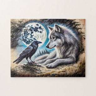 Wolf en raaf op rots bij volle maan legpuzzel