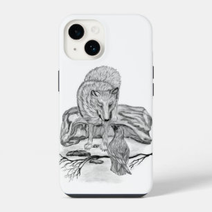 Wolf en raaf zwart-wit ontwerp iPhone 14 hoesje