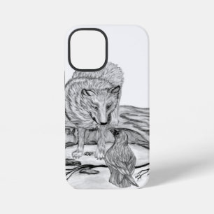 Wolf en raaf zwart-wit ontwerp iPhone 12 mini hoesje