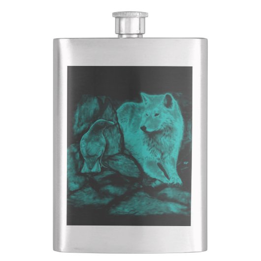 Wolf en Raven in de nacht Heupfles (Voorkant)