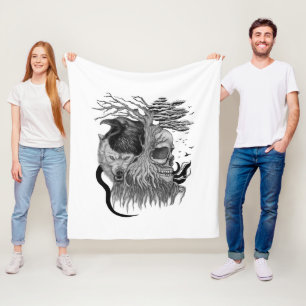Wolf en Raven met Schedel Fleece Deken