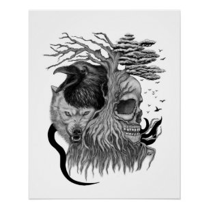 Wolf en Raven met Schedel Perfect Poster
