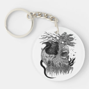 Wolf en Raven met Schedel Sleutelhanger