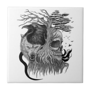 Wolf en Raven met Schedel Tegeltje