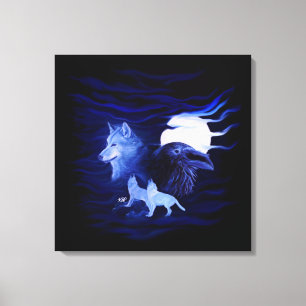 Wolf en Raven met volle maan Canvas Afdruk