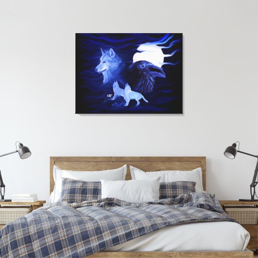 Wolf en Raven met volle maan Canvas Afdruk (Insitu (Slaapkamer))