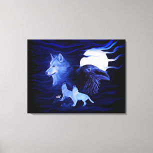 Wolf en Raven met volle maan Canvas Afdruk