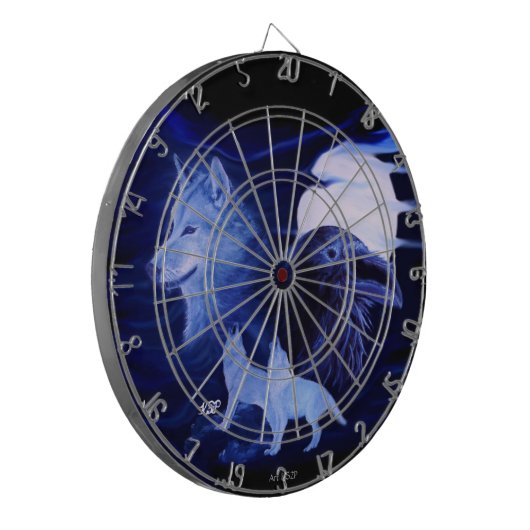 Wolf en Raven met volle maan Dartbord (Voorkant Links)