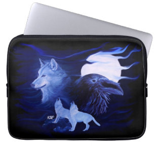 Wolf en Raven met volle maan Laptop Sleeve