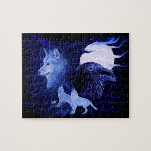 Wolf en Raven met volle maan Legpuzzel (Horizontaal)
