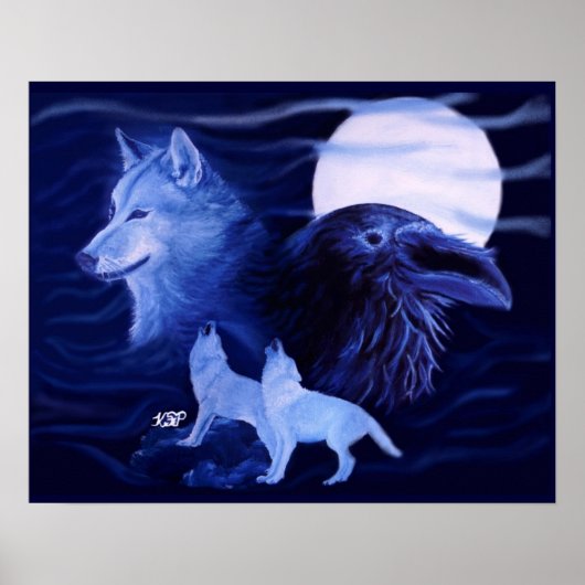 Wolf en Raven met volle maan Poster (Voorkant)