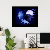 Wolf en Raven met volle maan Poster (Thuiskantoor)