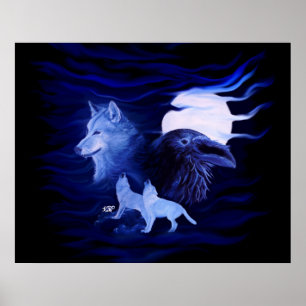 Wolf en Raven met volle maan Poster