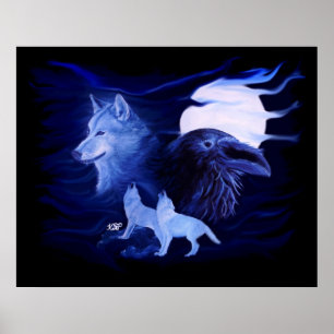 Wolf en Raven met volle maan Poster