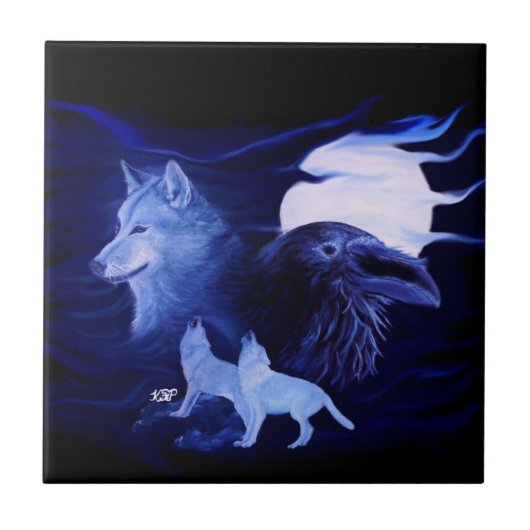 Wolf en Raven met volle maan Tegeltje (Voorkant)