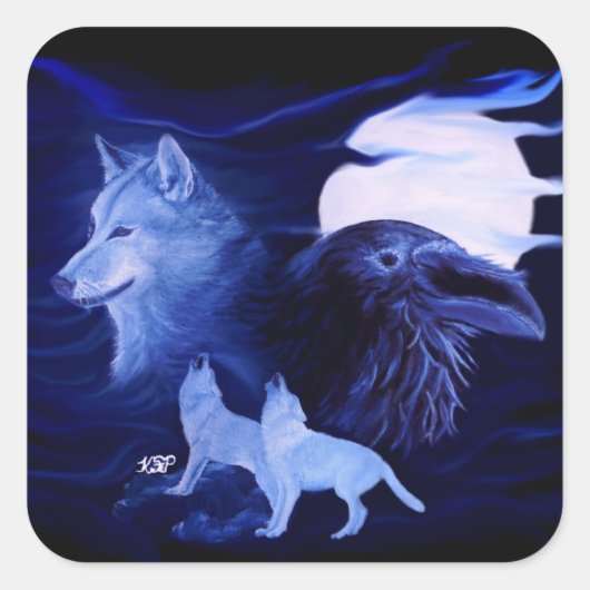 Wolf en Raven met volle maan Vierkante Sticker (Voorkant)