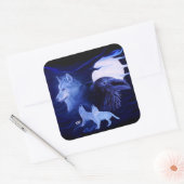 Wolf en Raven met volle maan Vierkante Sticker (Envelop)