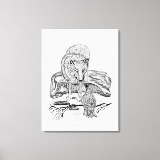 Wolf en Raven - Zwart en wit design Canvas Afdruk (Voorkant)