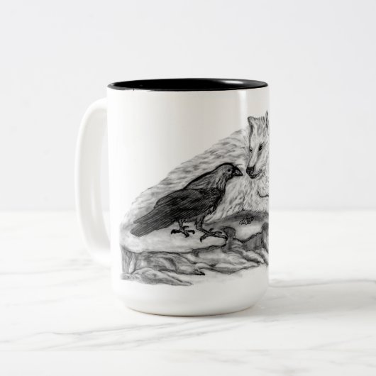 Wolf en Raven - Zwart en wit design Tweekleurige Koffiemok (Voorkant links)