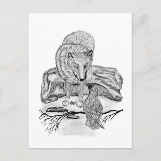Wolf en Raven, zwart-wit Briefkaart (Voorkant)
