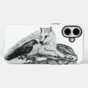 Wolf en Raven, zwart-wit iPhone 16 Plus Hoesje