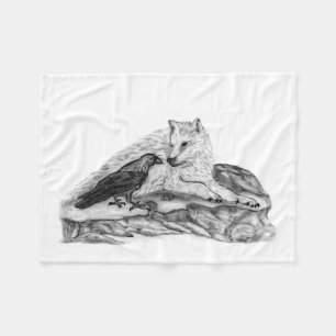 Wolf en Raven - zwart-wit design Fleece Deken