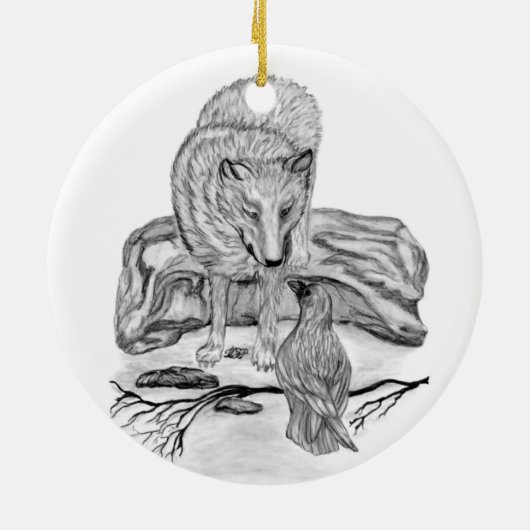 Wolf en Raven, zwart-wit Keramisch Ornament (Achterkant)