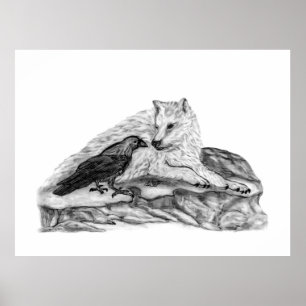 Wolf en Raven, zwart-wit Poster
