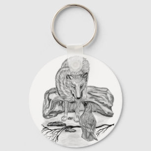 Wolf en Raven, zwart-wit Sleutelhanger