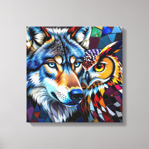 Wolf en Uil Levendig en Kleurrijk Canvas Afdruk