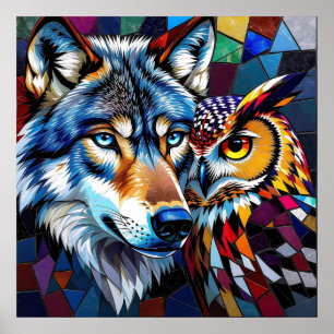 Wolf en Uil Levendig en Kleurrijk Poster
