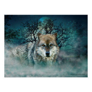 Wolf Full Moon in mist Perfect Poster