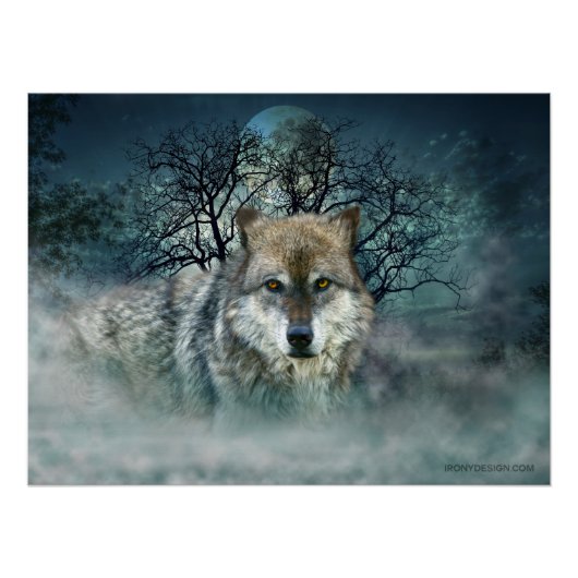 Wolf Full Moon in mist Perfect Poster (Voorkant)