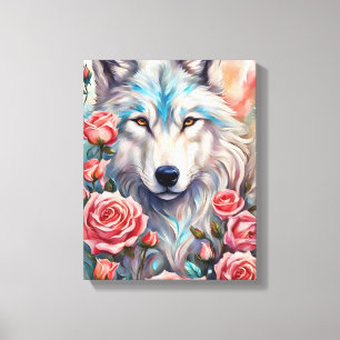 Wolf Head Roze Rozen Dier Wildlife Schilderen Canvas Afdruk