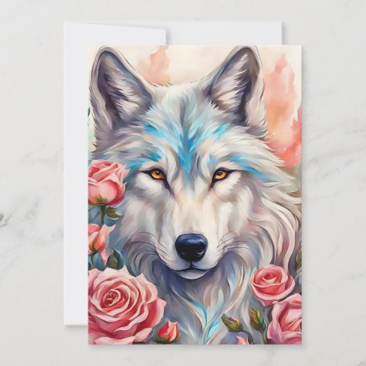 Wolf Head Roze Rozen Dier Wildlife Schilderen Feestdagenkaart (Voorkant)