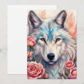 Wolf Head Roze Rozen Dier Wildlife Schilderen Feestdagenkaart (Voorkant / Achterkant)
