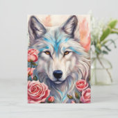 Wolf Head Roze Rozen Dier Wildlife Schilderen Feestdagenkaart (Staand voorkant)