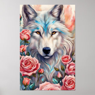 Wolf Head Roze Rozen Dier Wildlife Schilderen Poster