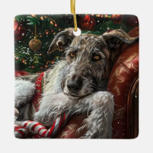 Wolf Hound Hond Kerstfeest Keramisch Ornament (Voorkant)