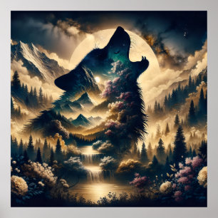 Wolf Howling at the Moon Poster