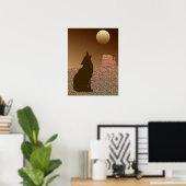 Wolf Howling bij de maan in Brown en Tan Poster (Thuiskantoor)