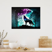 Wolf Howling bij de Moon Galaxy Stars Animal Poster (Keuken)