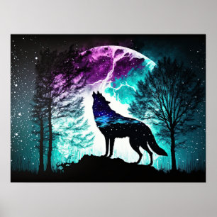 Wolf Howling bij de Moon Galaxy Stars Animal Poster