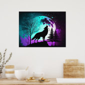 Wolf Howling bij de Moon Galaxy Stars Animal Poster (Keuken)